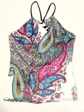 KOS USA Paisley Yoga Tank Top XL Made USA Colorful Halter Activewear Boho Yoga